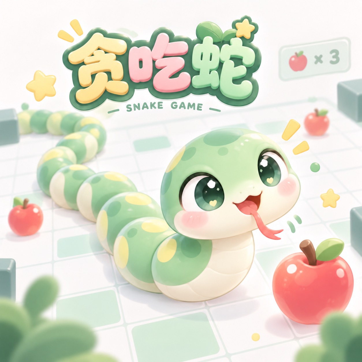 A cheerful green snake with shiny apples in a pastel garden — the original inspiration for Little Garden.